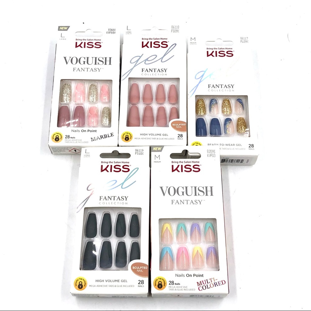 Lot of 5 KISS gel voguish long/medium press on nails pink gold blue glitter